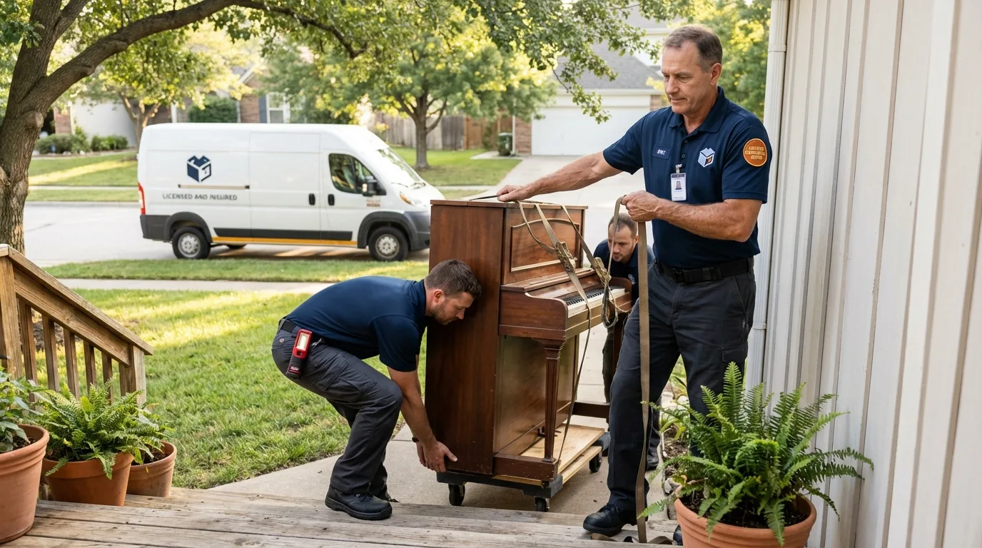 Licensed piano movers securing grand piano in Monument Beach, MA