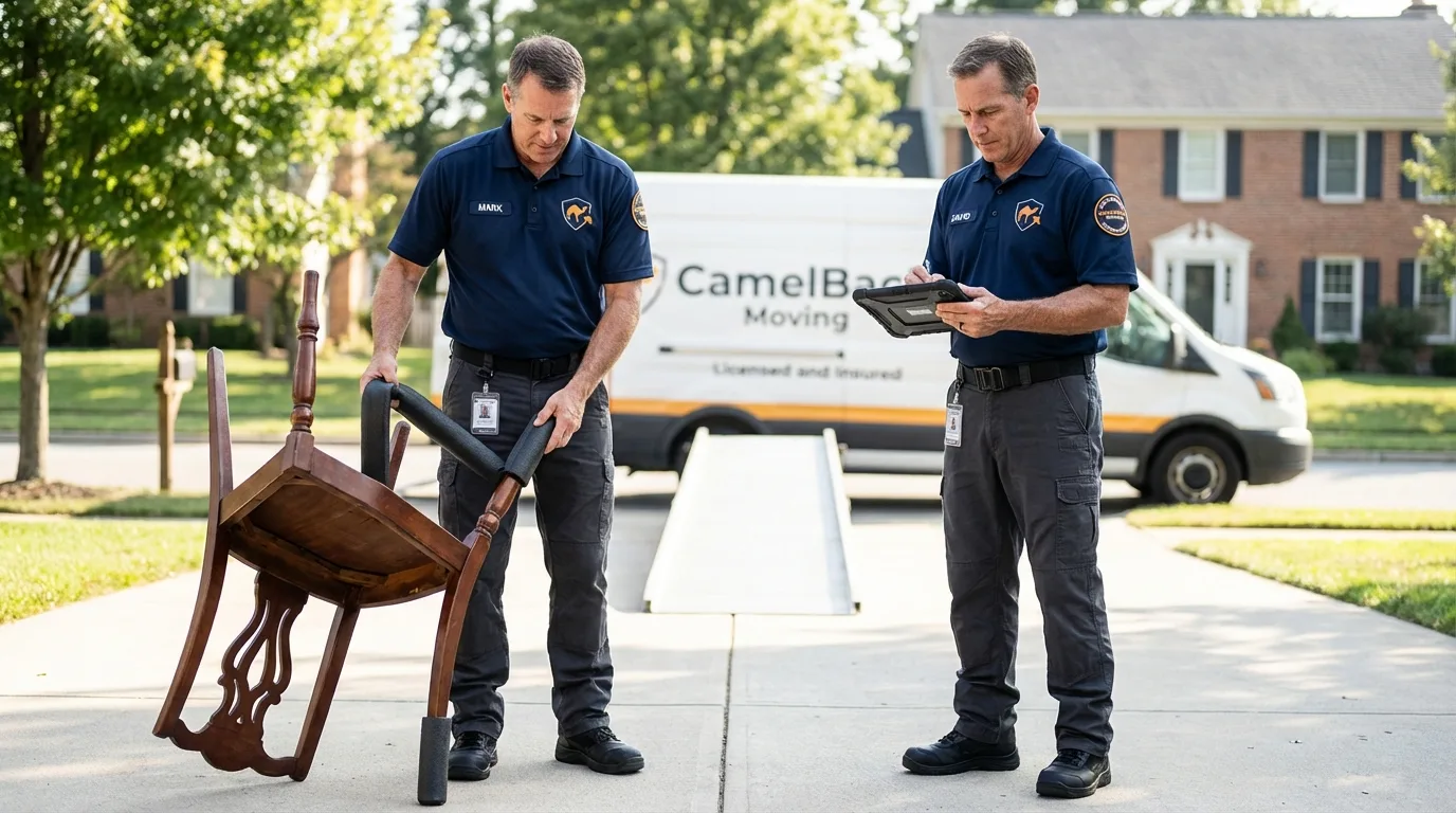 Movers inspecting furniture for damage prevention before loading in Monument Beach, MA