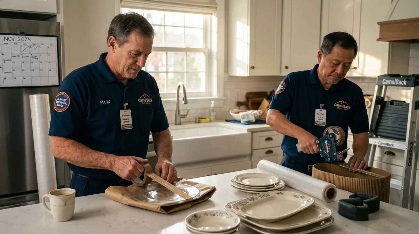 Professional crew packing kitchen dishware in Monument Beach, MA